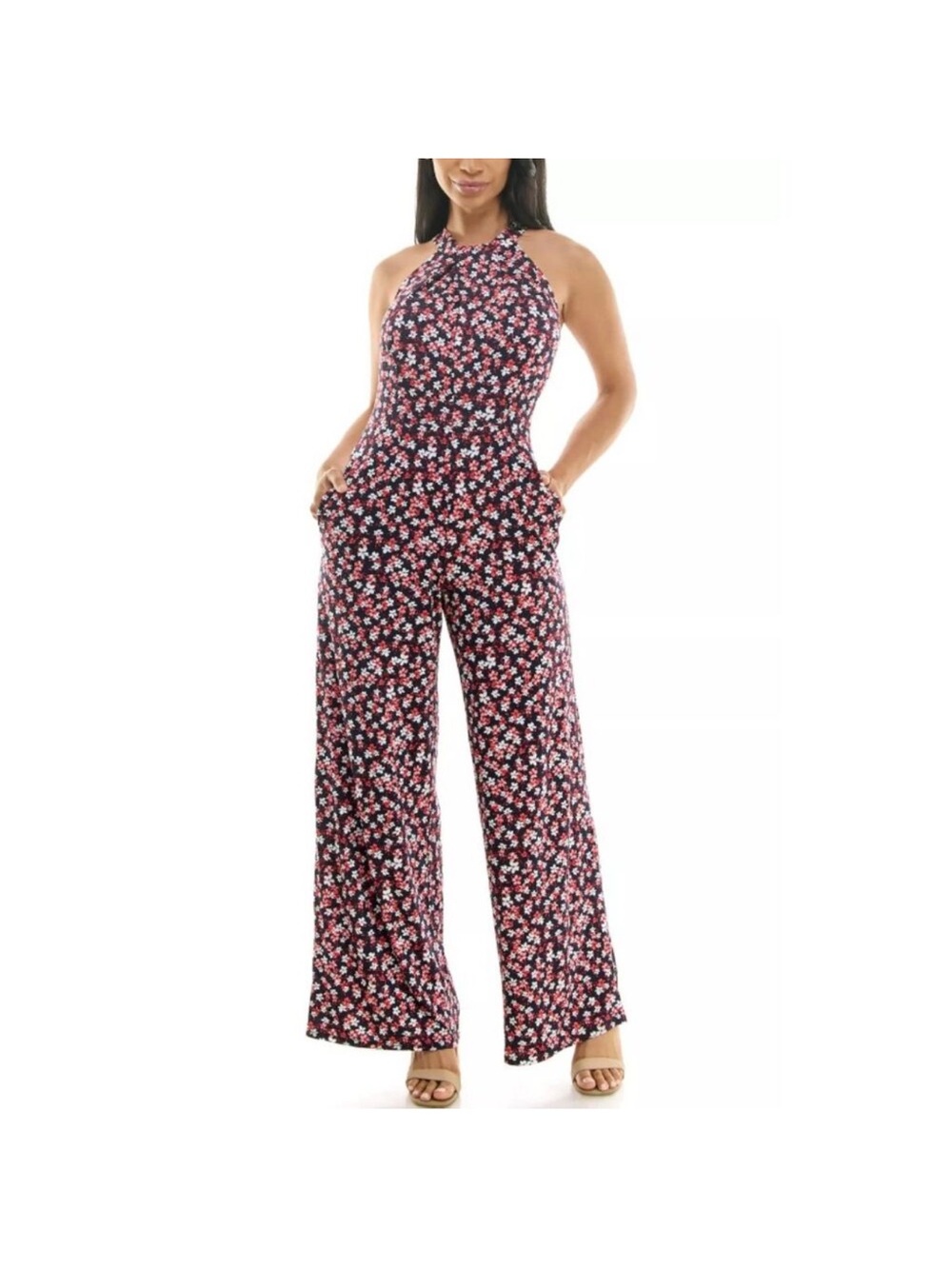 Nina Leonard Floral Halter Wide-Leg Jumpsuit